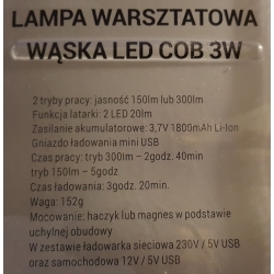 Lampa warsztatowa wąska LED COB 3W  QS16152